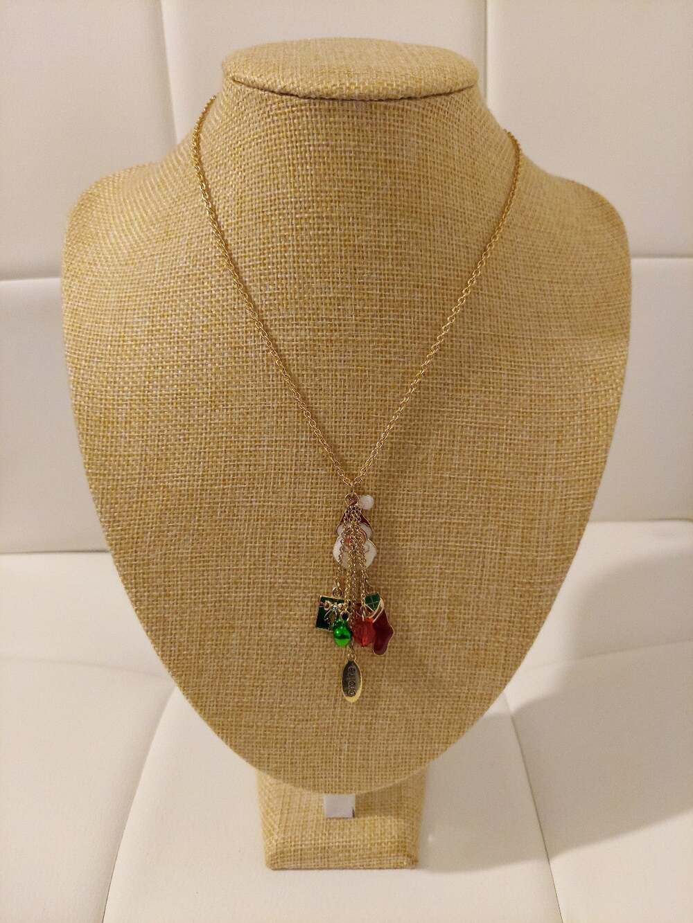 NRT Believe "Croire" Santa Christmas Stocking Gift Gold Tone 16" Charms Necklace